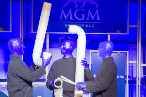 Blue Man Group perform at the MGM Springfield grand opening press conference