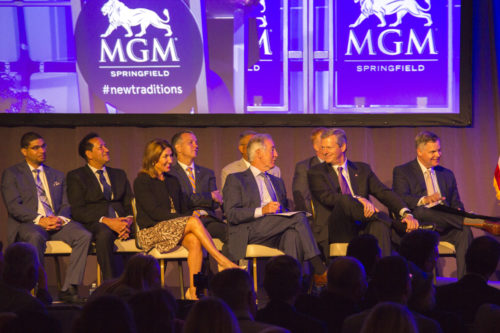 Lieutenant Governor Karyn Polito, Congressman Richard Neal, Governor Charlie Baker, MGM Resorts International Jim Murren at the MGM Springfield grand opening press conference