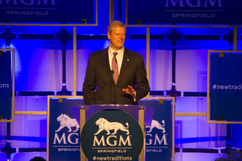 Massachusetts Governor Charlie Baker delivers remarks at the grand opening press conference of MGM Springfield