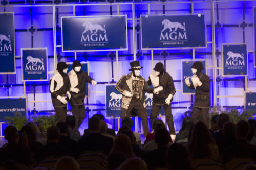 The Jabbawockeez dance crew performs to close out the MGM Springfield grand opening press conference
