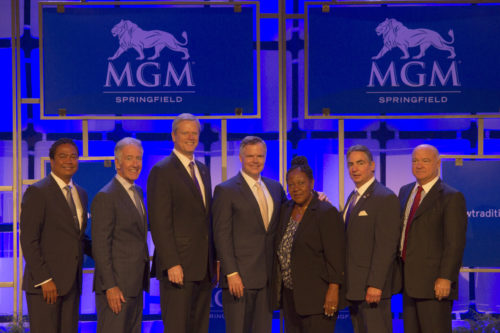 MGM Springfield President and Chief Operating Officer Mike Mathis, Congressman Richard Neal, Governor Charlie Baker, MGM Resorts International Chief Executive Officer Jim Murren, Associate Director of Revitalize CDC Ethel Griffin, Springfield Mayor Domenic Sarno, MGC Chairman Steve Crosby