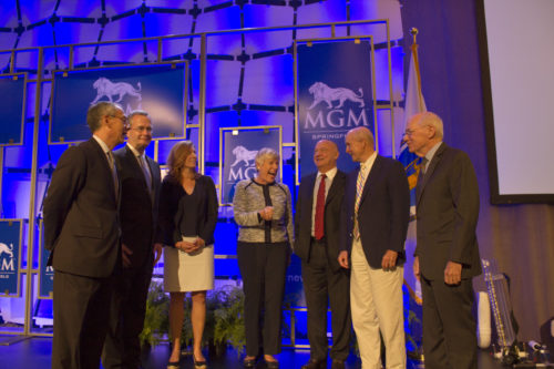 Current and former Gaming Commissioners share a laugh at the MGM Springfield grand opening press conference