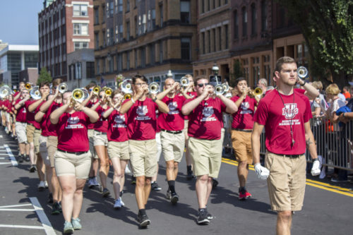 Members of the University of Massachusetts Minuteman Marching Band during the MGM Springfield opening day parade