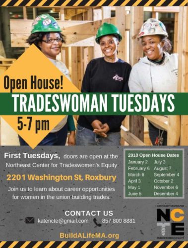 A poster promoting Tradeswoman Tuesdays open houses