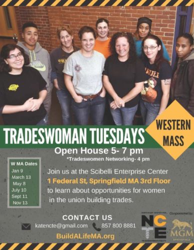 A poster promoting Tradeswoman Tuesdays in Western Mass