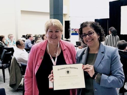 PHOTO: MGC Finance & Office Budget Manager Agnes Beaulieu (left) and MGC Director of Workforce, Supplier, and Diversity Development Jill Griffin (right) received the 2018 Quasi-Public Organization of the Year Award at the 2018 Operational Services Division MassBuys Expo.
